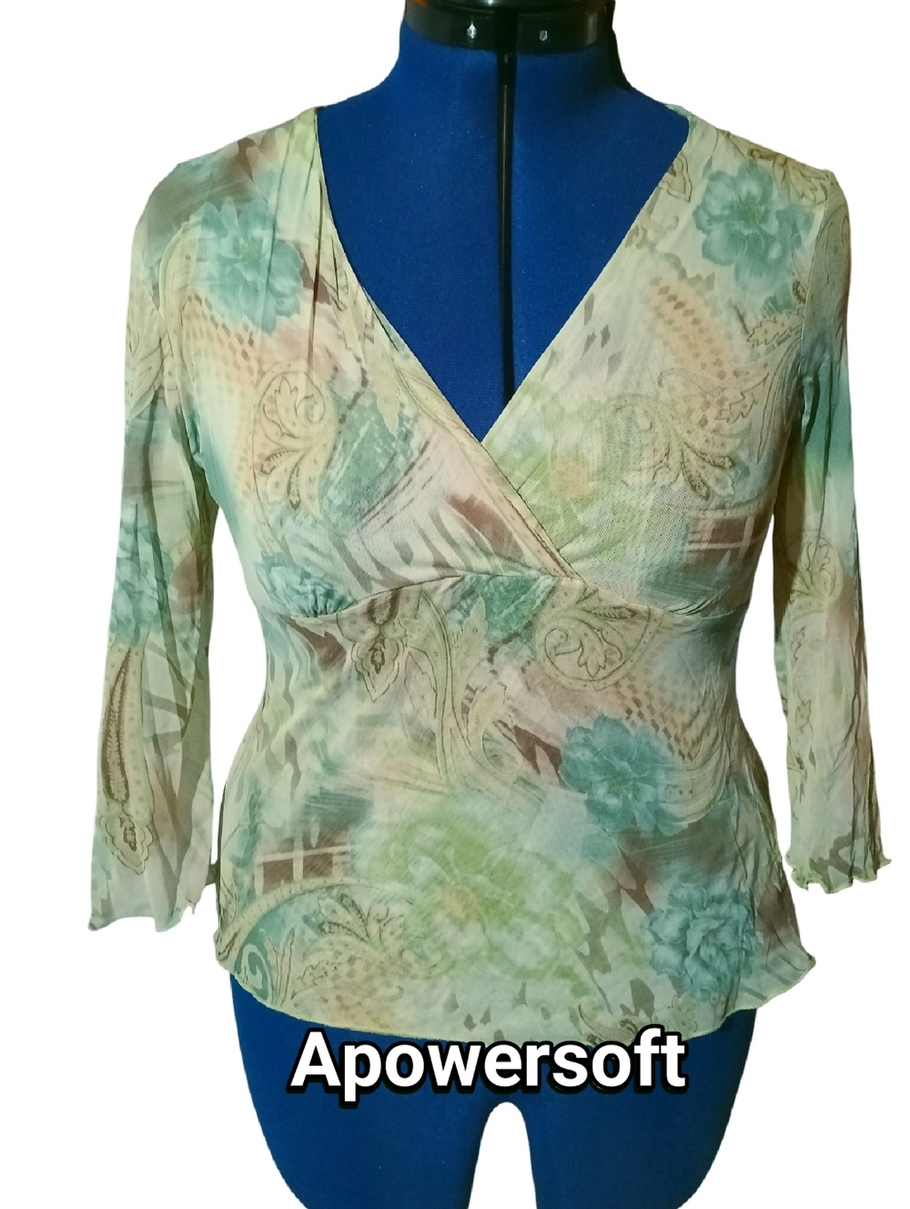 Mint Green Floral Mesh Surplice Top — Y2K — Size Large